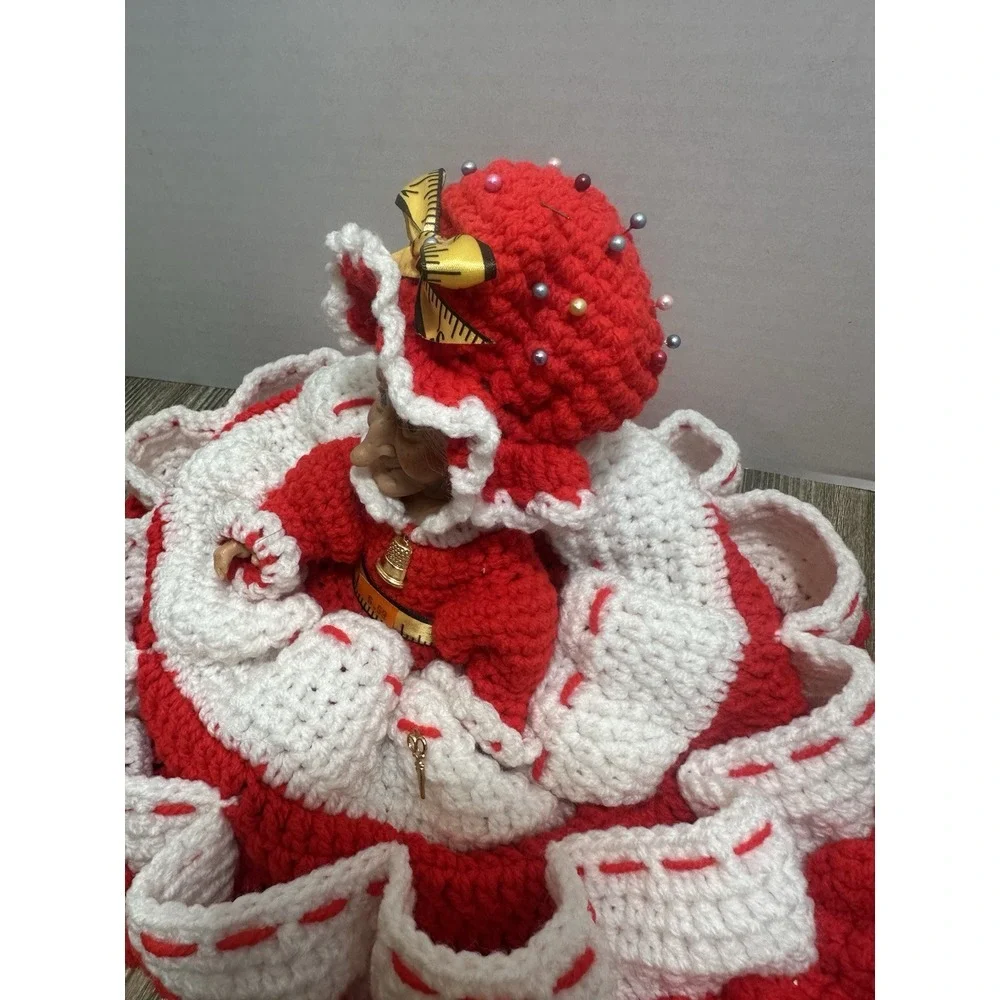 Hand‎ Crocheted Thread Caddy Cone Doll Red And White Pincushion RARE